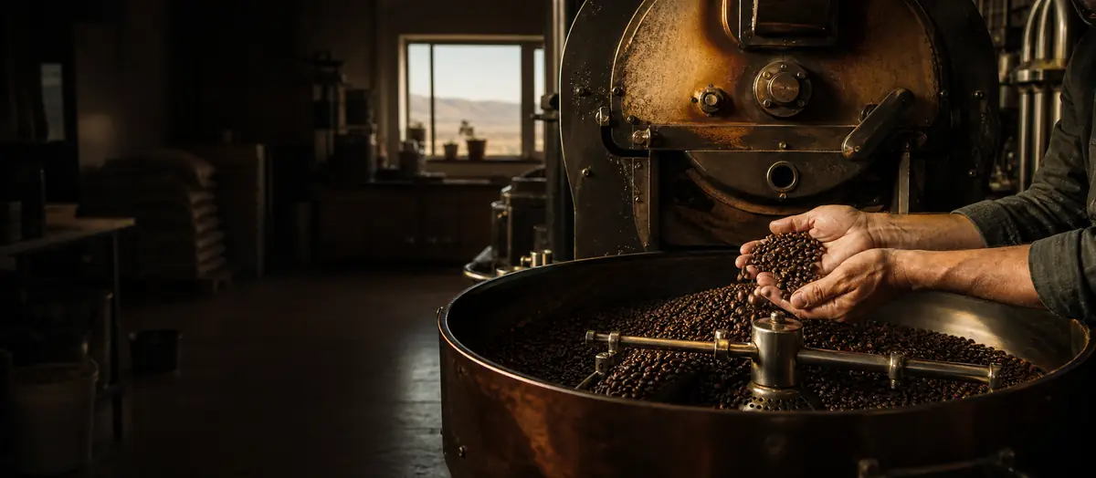 Freshly roasted coffee being checked by hand at a drum roaster